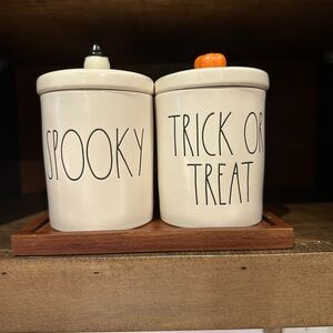 Rae Dunn Halloween Canister Set - words “Spooky” and “Trick or Treat”